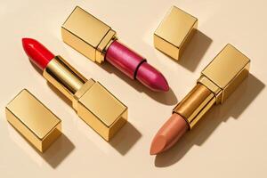 Luxury flat lay of three lipsticks in bold red, shimmering pink, and nude peach shades, each in a shiny gold case. photo