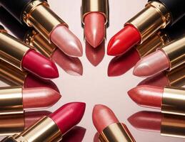 Stylish flat lay of luxury lipsticks in shimmering shades of pink, red, and coral arranged in a circular pattern on a glossy mirrored surface. photo
