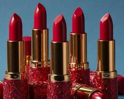 Elegant collection of red lipsticks with gold and textured red cases arranged artistically on a blue background. photo
