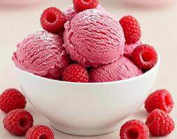 Close-up of a white bowl filled with three scoops of raspberry creamy ice cream, garnished with a fresh raspberries photo