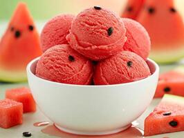 Close-up of a white bowl filled with three scoops of watermelon creamy ice cream, garnished with a fresh watermelon fruit slices photo