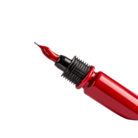 closeup of a Bright Red Fountain Pen Nib with Ink in the Shiny Barrel Design png