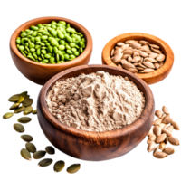 Varieties of Healthy Seeds and Flour in Wooden Bowls on Bright Background png