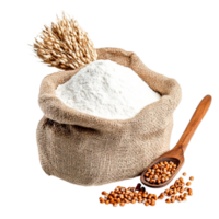 White Flour in Natural Burlap Bag with Grain and Spoon on png