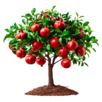 Lush Pomegranate Tree with Abundant Red Fruit and Green Foliage in Bright Environment png