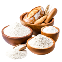 Freshly Milled Flour with Artisan Bread and Wheat Stalks in Rustic Wooden Bowls png