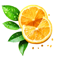 Fresh Orange Slice with Green Leaves and Water Droplets png