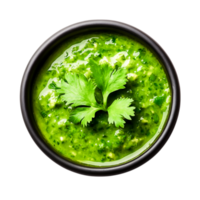 Fresh Green Cilantro Sauce in Black Bowl with Vibrant Herbs on png