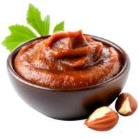Creamy Nutty Sauce in a Bowl with Fresh Green Leaves and Hazelnuts on png
