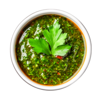 Fresh Homemade Green Sauce with Herbs and Olive Oil in White Bowl Background png