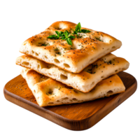Delicious freshly baked bread wooden board with herbs on top png