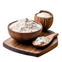 Natural Organic Flour in Wooden Bowl and Spoon on Rustic Wooden Board Top View png