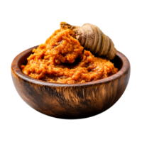 Organic Spicy Sauce in Wooden Bowl with Culinary Ingredient and Rustic Background png