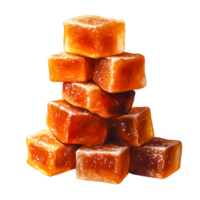 Stack of Glowing Caramel Cubes Standing on Top of Each Other in a Gourmet Display png