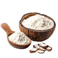 Coconut Flour in Wooden Bowl and Spoon with Coconut Slices on png