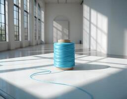 Blue Thread Spool on White Surface with Sunlight and Large Windows photo