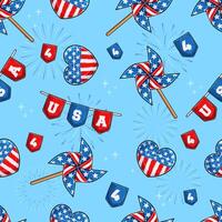 Seamless pattern of hearts and pinwheels in American flag pattern celebrating 4th of July, blue and red emblems with number four vector