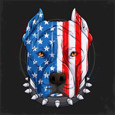 Hand drawn dog breed pit bull head in American flag pattern wearing a chain collar, celebrating 4th of July, honoring veterans day