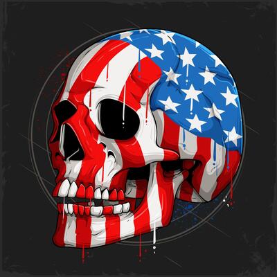 Hand drawn human skull with American flag pattern celebrating 4th of July independence day, honoring veterans day, mourning memorial day