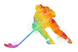 Hand drawn colorful abstract ice hockey player silhouette with shiny watercolor splashes, skating and hitting the puck vector