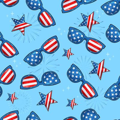 Hand drawn seamless pattern of sunglasses and stars in American flag theme, celebrating 4th of July, veteran day, national memorial day