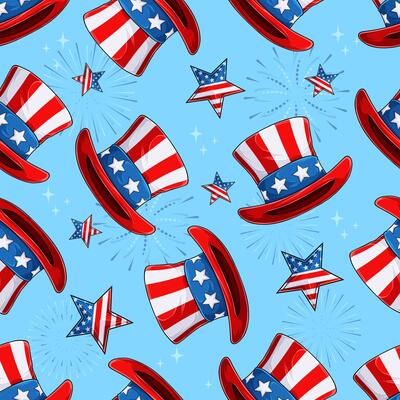 Hand drawn seamless pattern of uncle sam hats and stars in American flag theme, celebrating 4th of July, veteran day, national memorial day