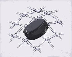 Hand drawn black ice hockey puck made of rubber hitting the white net and scoring a goal in a professional, competitive match vector