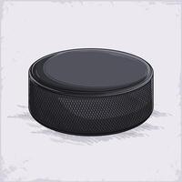 Hand drawn black ice hockey puck, flat cylindrical shaped disk made of rubber for good accuracy and power shooting vector