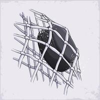 Hand drawn black ice hockey puck made of rubber hitting the white net and scoring a goal in a competitive, professional match vector