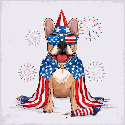 French dog breed bulldog in 4th of July disguise, wearing a cape, sunglasses, party hat with firecrackers in American flag pattern