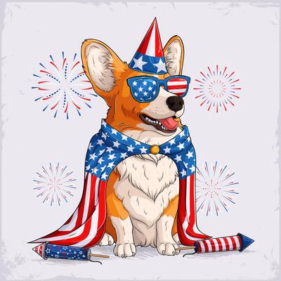 Hand drawn funny dog breed corgi in 4th of July disguise, wearing American flag pattern cape, sunglasses, hat, celebrating memorial day
