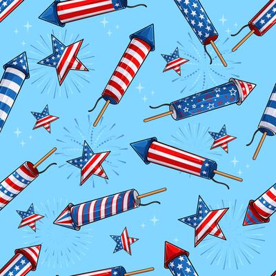 Hand drawn seamless pattern of firecrackers and stars in American flag theme, celebrating 4th of July, veteran day, national memorial day