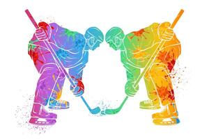 Hand drawn ice hockey players silhouette in colorful abstract theme with bright splashes competing during a professional match vector
