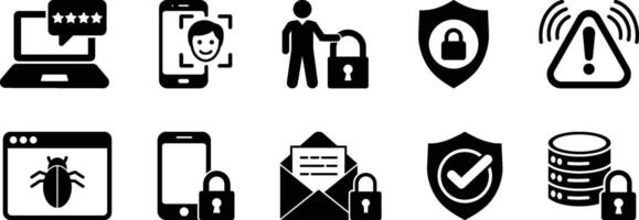 Cybersecurity Icon Set Featuring Devices, Shields, and Threat Symbols vector