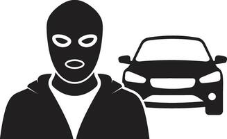 Monochromatic Illustration of Hooded Figure in Balaclava with Car Silhouette Suggesting Crime and Anonymity vector