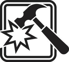 Minimalist Hammer Impact Icon with Radial Burst in Black and White vector