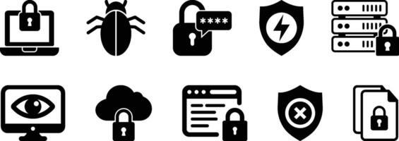 Black Cybersecurity Icon Set Featuring Devices, Shields, and Threat Symbols vector