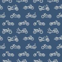 Monochrome seamless pattern with motorcycles of various models drawn with white outlines on blue background - chopper, bobber, sport and motocross bikes. illustration in trendy linear style. vector