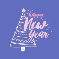 Happy New Year holiday wish handwritten with cursive font. Composition with written festive message decorated by fir or spruce tree. Celebratory illustration for greeting card, postcard. vector