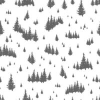 Seamless pattern with silhouettes of coniferous trees. Backdrop with evergreen forest, fir woods or woodland. Hand drawn illustration in black and white colors for textile print, wallpaper. vector