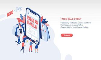 Scene with joyful customers or buyers standing in front of giant smartphone with Big Sale text on screen. Online shopping, internet retail. Modern colored illustration in isometric style. vector