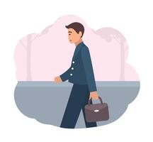 Happy manager or office worker dressed in smart suit walking back home in evening. End of working day. Scene from daily life of ordinary man. Colorful illustration in flat cartoon style. vector