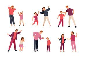 Collection of conflicts between parents and children isolated on white background. Problem of mutual aggression, offensive behavior, disobedience. Colorful illustration in flat cartoon style. vector