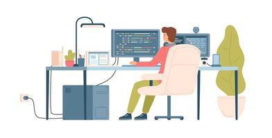 Programmer, coder, web developer or software engineer sitting at desk and working on computer or programming. Workplace of IT worker. Back view. Colorful illustration in flat cartoon style. vector