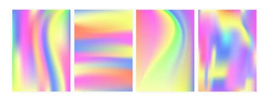 Bundle of vertical backgrounds or backdrops with iridescent psychedelic stains, holographic surface imitation. Set of poster, flyer or card templates. Colorful illustration in modern style. vector