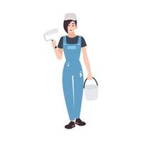 Joyful house painter or decorator wearing dungarees and holding paint roll and bucket. Funny female cartoon character isolated on white background. Colorful illustration in flat style. vector
