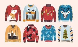 Collection of ugly Christmas sweaters or jumpers isolated on light background. Bundle of knitted woolen winter clothing with various prints. Colorful illustration in flat cartoon style. vector