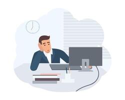 Office worker dressed in smart suit sitting at desk and working on computer. Clerk at its workplace. Scene from daily life of ordinary person. Colorful illustration in flat cartoon style. vector