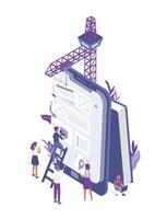 Group of tiny people creating or building mobile app design on giant tablet PC. Office workers working in interface and experience engineering. Colored creative isometric illustration. vector