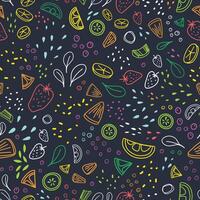 Modern seamless pattern with pieces of delicious vegetables, tropical fruits and berries drawn with colorful outlines on black background. illustration for wrapping paper, textile print. vector